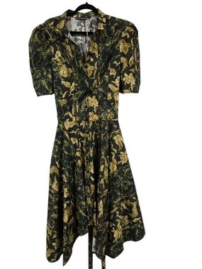 Vintage Inspired Asymmetrical Floral Amanda Dress Army Gold Half Sleeve NWT
